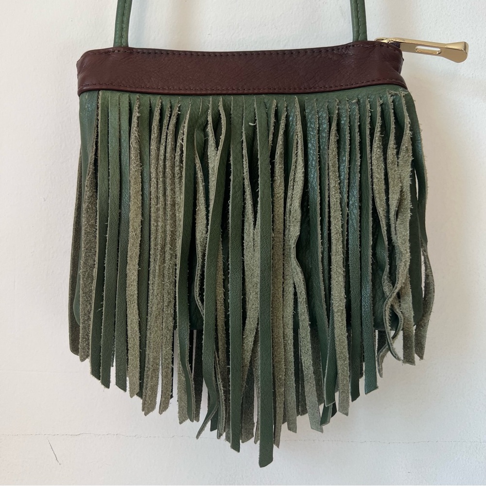 Visually Vintage 2 Green Leather Fringe Crossbody Bag
